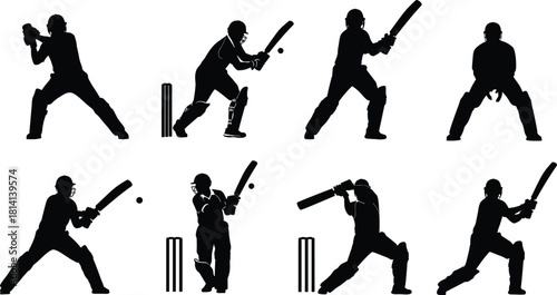 Set of eight cricket batsman player silhouettes vector illustration, capturing various batting strokes and action poses, perfect for sports design, tournament posters, and athletic event promotion.