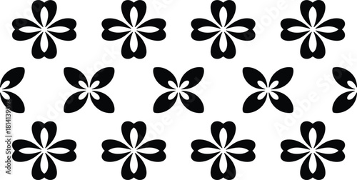 Black four-leaf clover decorative pattern element, stylized flower or lucky charm icon, geometric floral motif, seamless repeating graphic design vector element