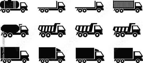Set of Commercial Truck Silhouette Icons Vector Illustration, Transportation and Logistics Black Symbols, Including Tankers, Dump Trucks, Flatbeds, and Delivery Vehicles, Isolated Collection