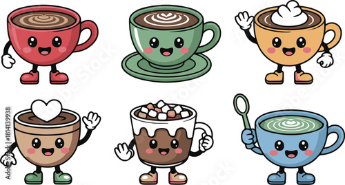 Cute cartoon coffee and hot chocolate cups with happy faces illustration
