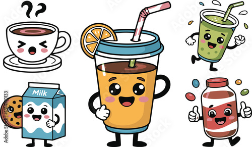 Cute Cartoon Drinks Collection with Expressive Faces and Playful Designs