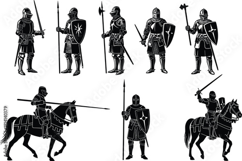 Set of Medieval Knight Silhouette Icons Vector Illustration, Historical Warriors in Full Armor, Standing and Equestrian Figures with Weapons like Swords, Spears, and Shields, Isolated Collection