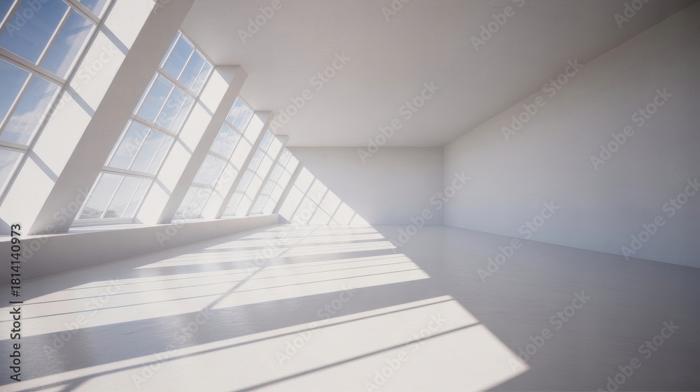 Obraz premium Bright modern interior with large windows and sunlight reflections