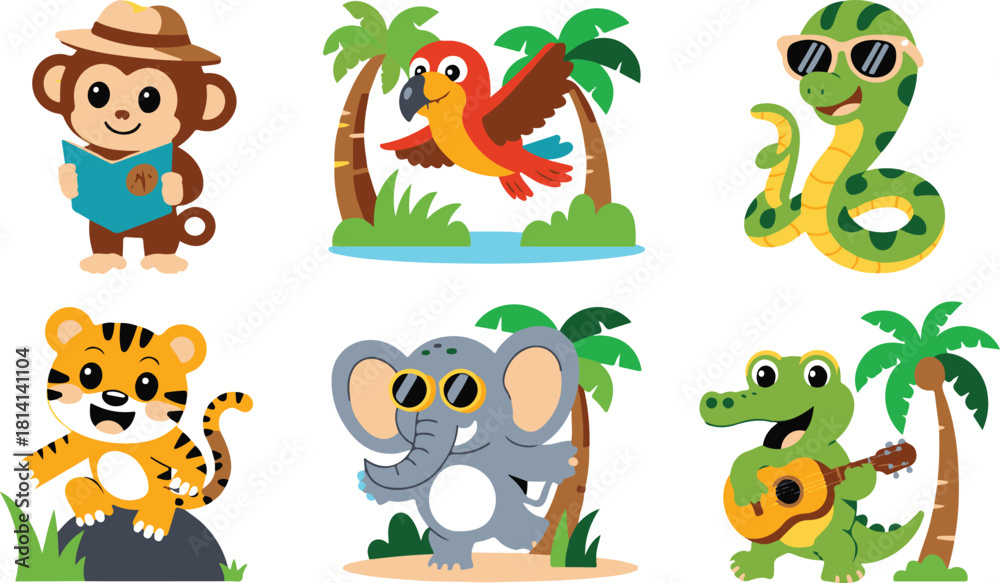 Obraz premium Cute Jungle Animal Cartoon Characters Collection on White Background for Kids