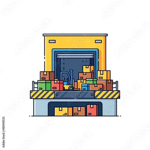 Warehouse dock with forklift loading cargo containers in a busy industrial setting