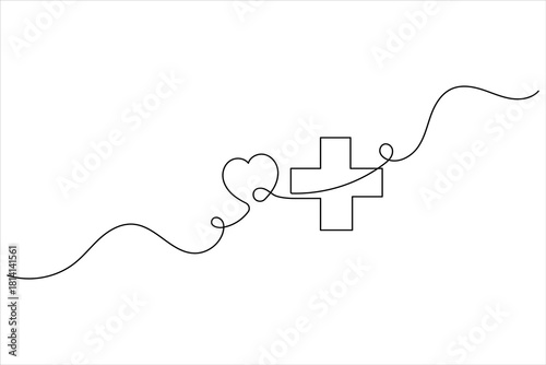 Continuous one line medical cross icon isolated on white background