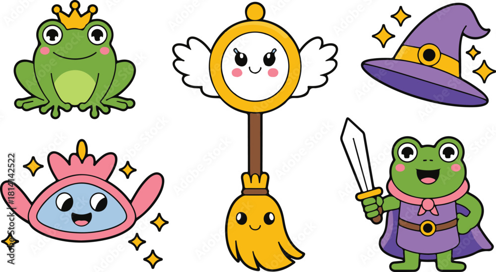 Obraz premium Fantasy Cartoon Cute Frog and Witch Characters Collection Vector Illustration
