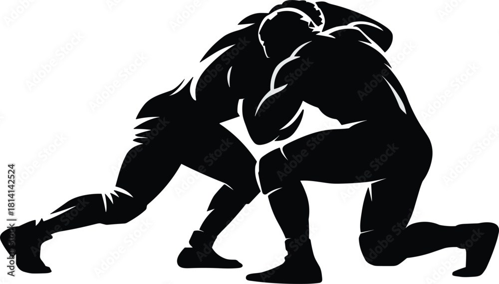 Αυτοκόλλητο Two wrestlers grappling in a black and white dynamic silhouette, combative sport