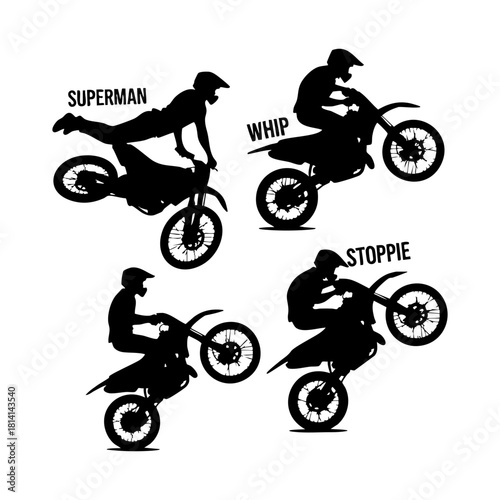 Vector illustration of BMX bikers. BMX bike tricks silhouette set. A biker doing freestyle tricks on his motorcycle silhouette