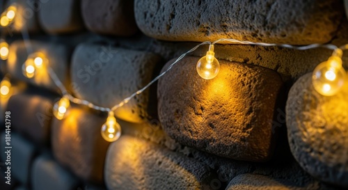 Warm Glowing String Lights on a Rustic Stone Wall Creating Cozy Ambience and Festive Decor