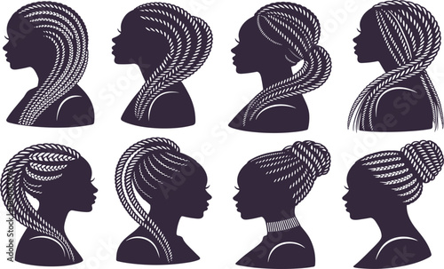 Set of African American female portraits in silhouette with various braided hairstyles, including bun, ponytail, and hanging braids, hair styling vector collection