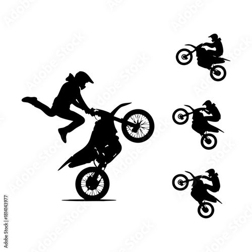 Vector illustration of BMX bikers. BMX bike tricks silhouette set. A biker doing freestyle tricks on his motorcycle silhouette