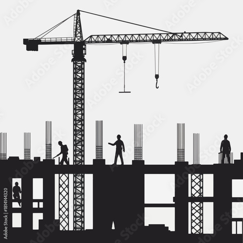 Construction Site Silhouette with Crane and Workers.