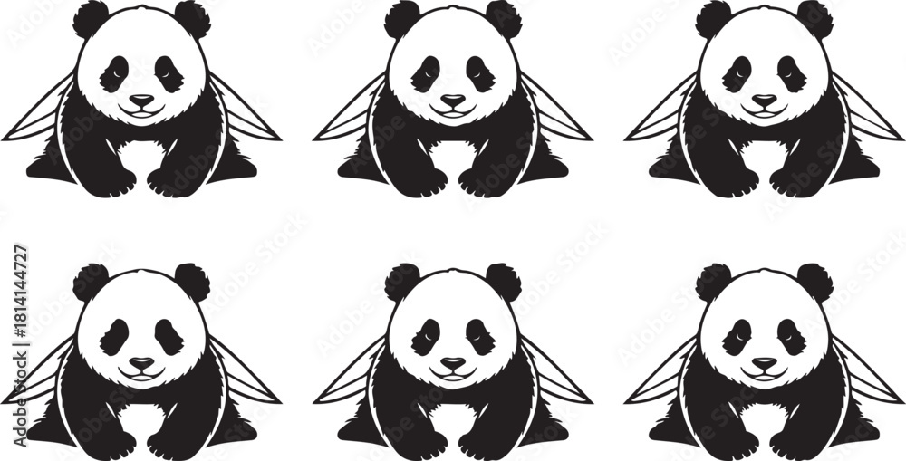 Obraz premium Six Panda Bees in a Row Graphic Design Illustration Vector