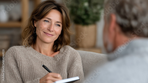 Realistic counseling scene featuring a middle-aged woman writing notes in a notebook while listening attentively, with a softly blurred man speaking in the background, set in a calm, well-lit therapy 