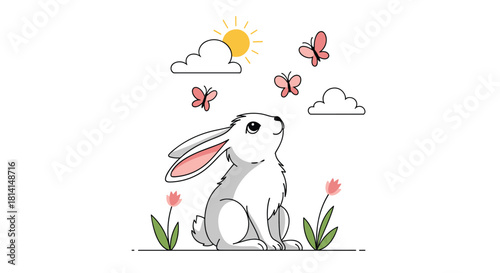 An adorable white bunny sitting in a field of tulips looking up at butterflies on a sunny day cartoon illustration.