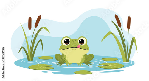 A cute green cartoon frog character sitting on a lily pad in a pond and licking its lips on a white background.