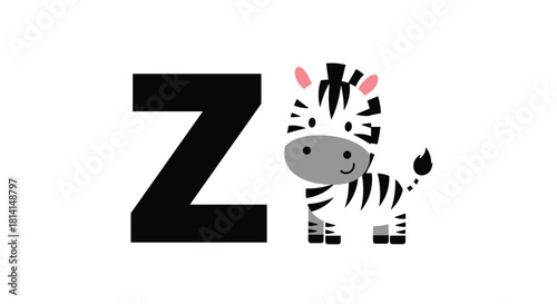 A children's alphabet learning card for the letter Z featuring a large capital letter and a cute baby zebra cartoon.