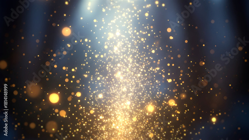 黄金に輝く光の粒子とラグジュアリーな抽象背景 キラキラと煌めくゴールドのパーティクルと美しいボケ効果 宇宙やイルミネーションを連想させる幻想的な光の帯と塵