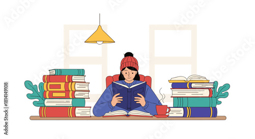 A cozy illustration of a young woman sitting at a desk surrounded by large stacks of books and enjoying her reading.