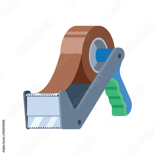 A detailed illustration of a brown tape roll inside a gray and blue tape dispenser.