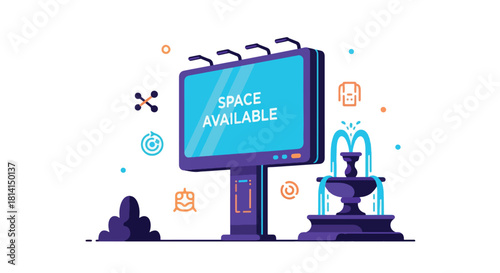 A vibrant illustration showcasing a billboard with the words "SPACE AVAILABLE" near a fountain.