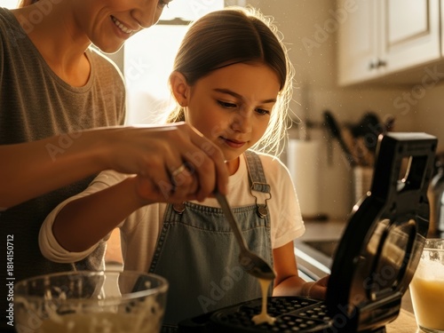 A mother and daughter smile while cooking waffles together in a sunlit kitchen, pouring batter into the waffle maker.