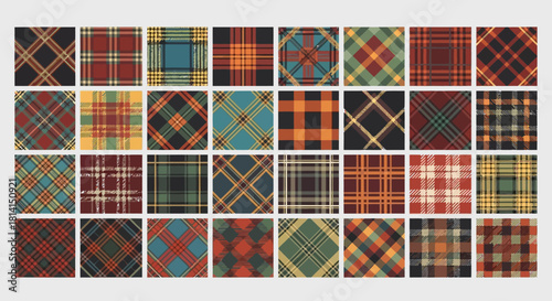 An array of 35 square plaid patterns with varied color schemes arranged in a grid against a light gray background