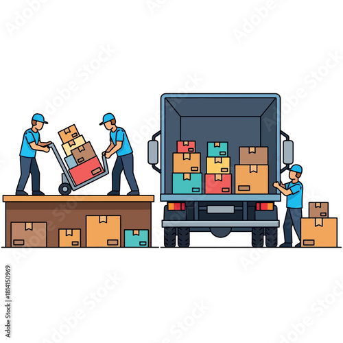 Workers loading boxes onto a truck from a loading dock, preparing for delivery.