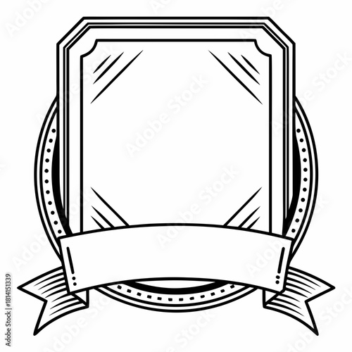Black and white drawing of an ornate empty award plaque with banner isolated on
