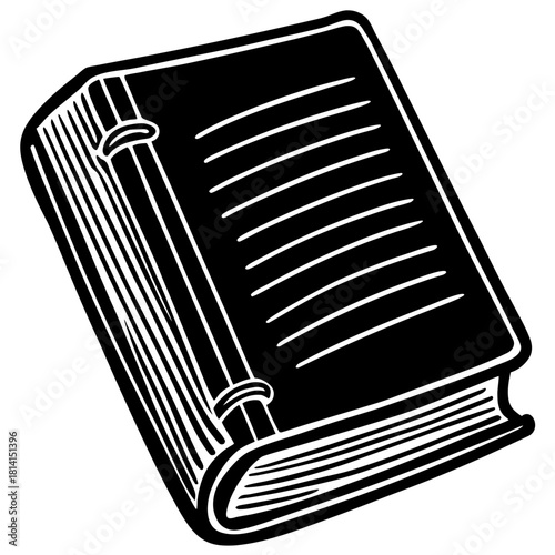 Black and white line art illustration of a closed hardcover book