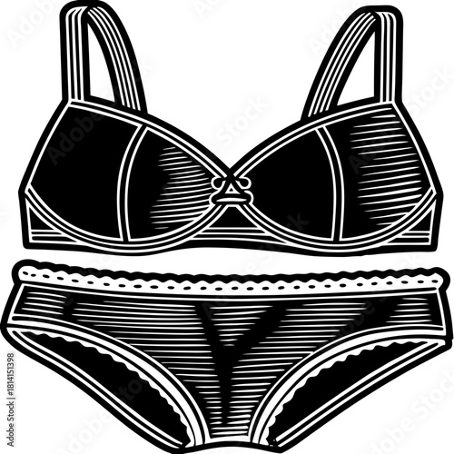 Black and white line art illustration of a bra and panty set