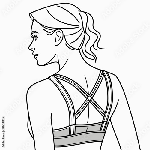 Line art drawing of a woman wearing a sports bra with crisscross straps