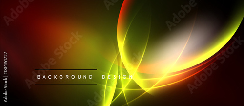 Abstract background features vibrant curves, gradients. Colors blend from red, orange, green. Design includes glowing lines, dark borders.