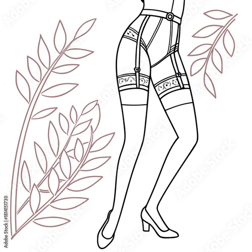 Line art drawing of woman legs wearing garter belt and stockings