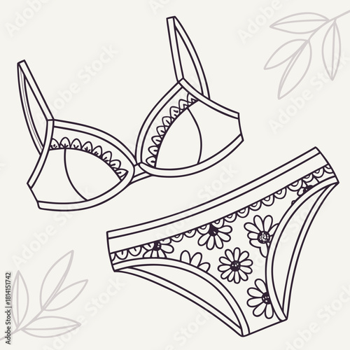 Line art illustration of a delicate floral pattern bra and panty set