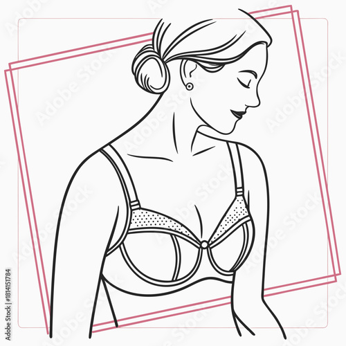 Line art illustration of a woman wearing a supportive underwire bra isolated on