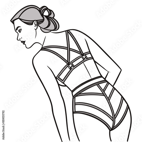 Line art illustration of a woman wearing a complex strappy harness lingerie set