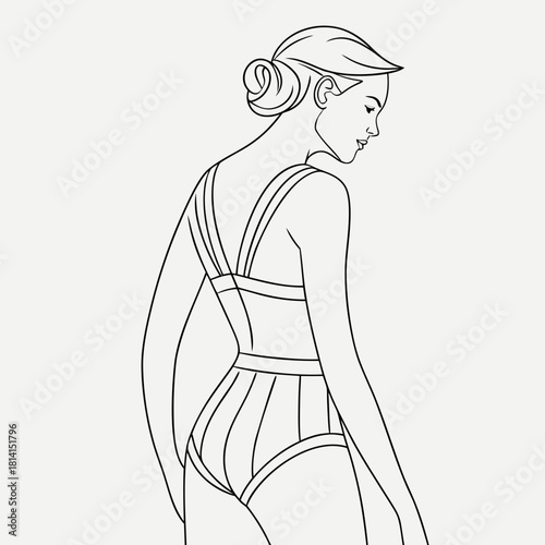 Line art illustration of a woman in a stylish onepiece swimsuit isolated on