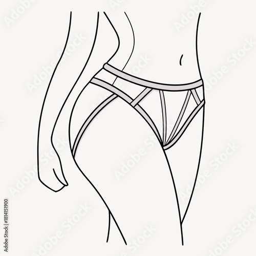 Line drawing illustration of a woman wearing strappy harness style brief underwear