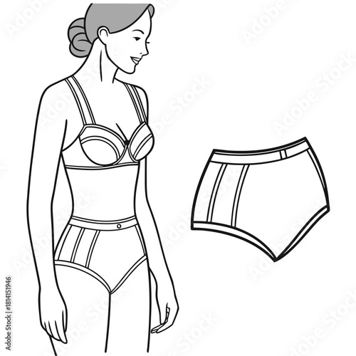 Line drawing of woman in high waist brief and separate brief pattern isolated on