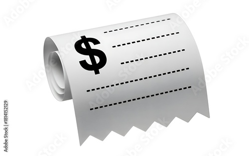 Close up of a receipt roll with dollar sign showing financial expenses and budget management for financial concepts and business