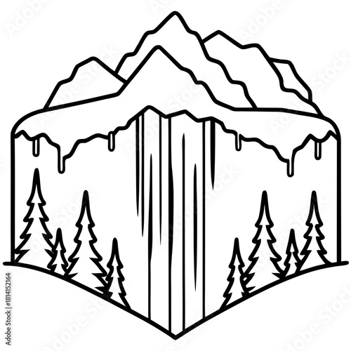 Outline drawing of snowy mountains, icicles, and evergreen trees