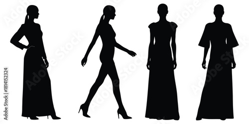Black Silhouettes of Women in Evening Gowns on White Background