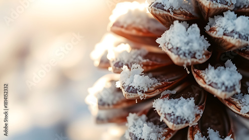 Close up of pine cone scales covered with white frost and snow