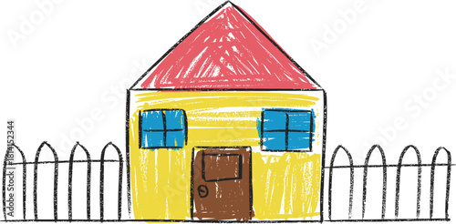 Child's crayon drawing of a house with a fence, colorful vector sketch, naive art, simple home illustration, childhood memory, and primary color graphic