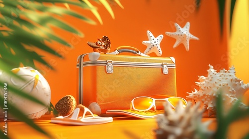 Beach-themed Suitcase with Flippers on Orange