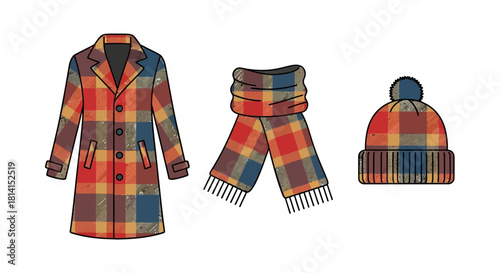 A plaid winter coat scarf and beanie all in coordinating colors isolated on a white background