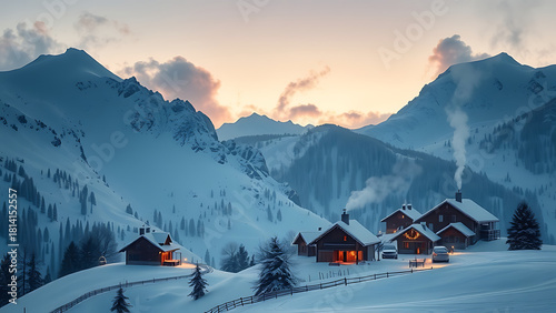 Snowy mountain landscape with small village houses at sunset in winter