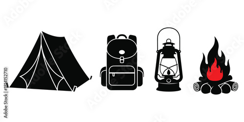 Camping Gear Icons Silhouette Set equipment tent